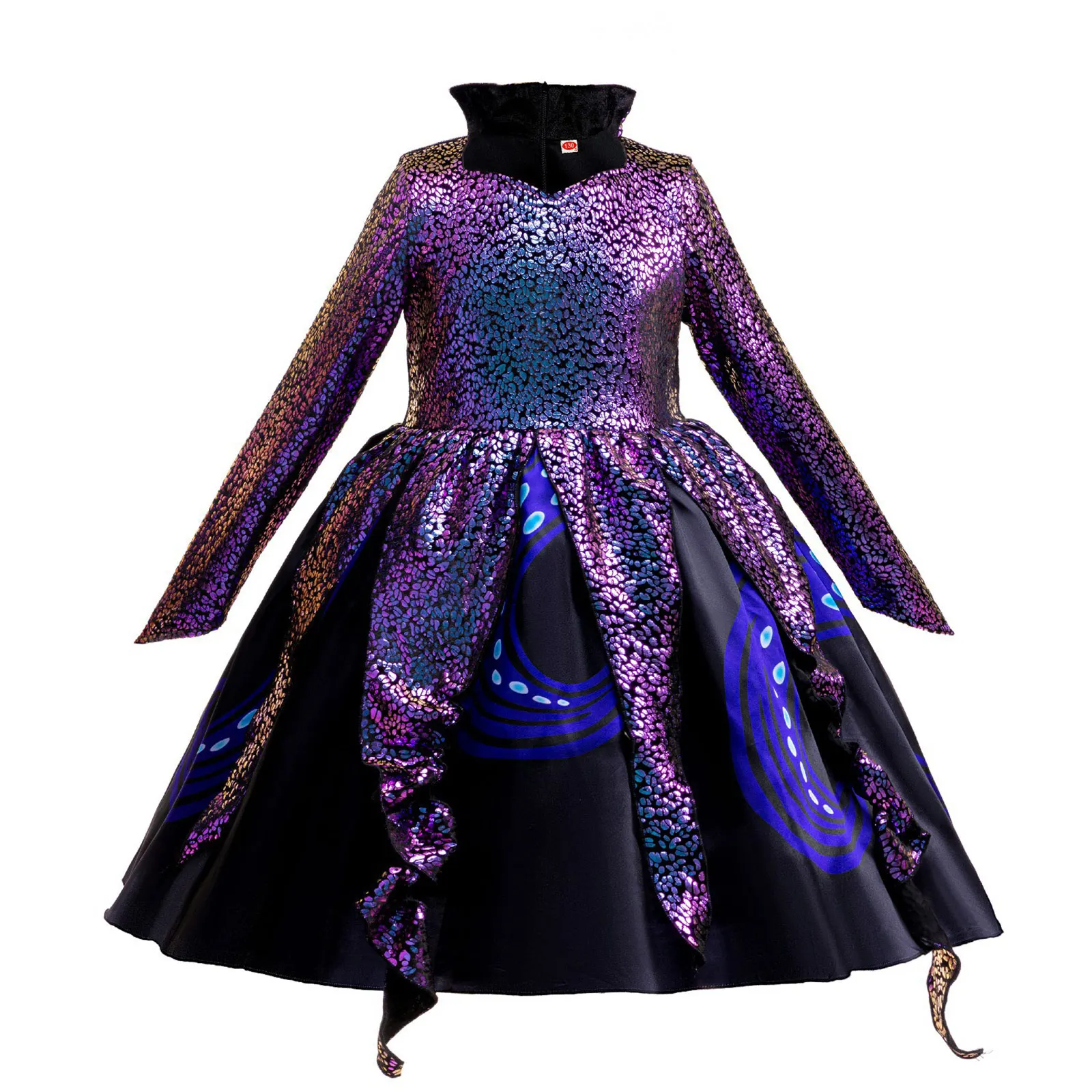 

Deluxe Sea Sorceress Dress for Girls Elegant Mermaid Costume with Detailed Patchwork And Stand Up Collar for Halloween Roleplay