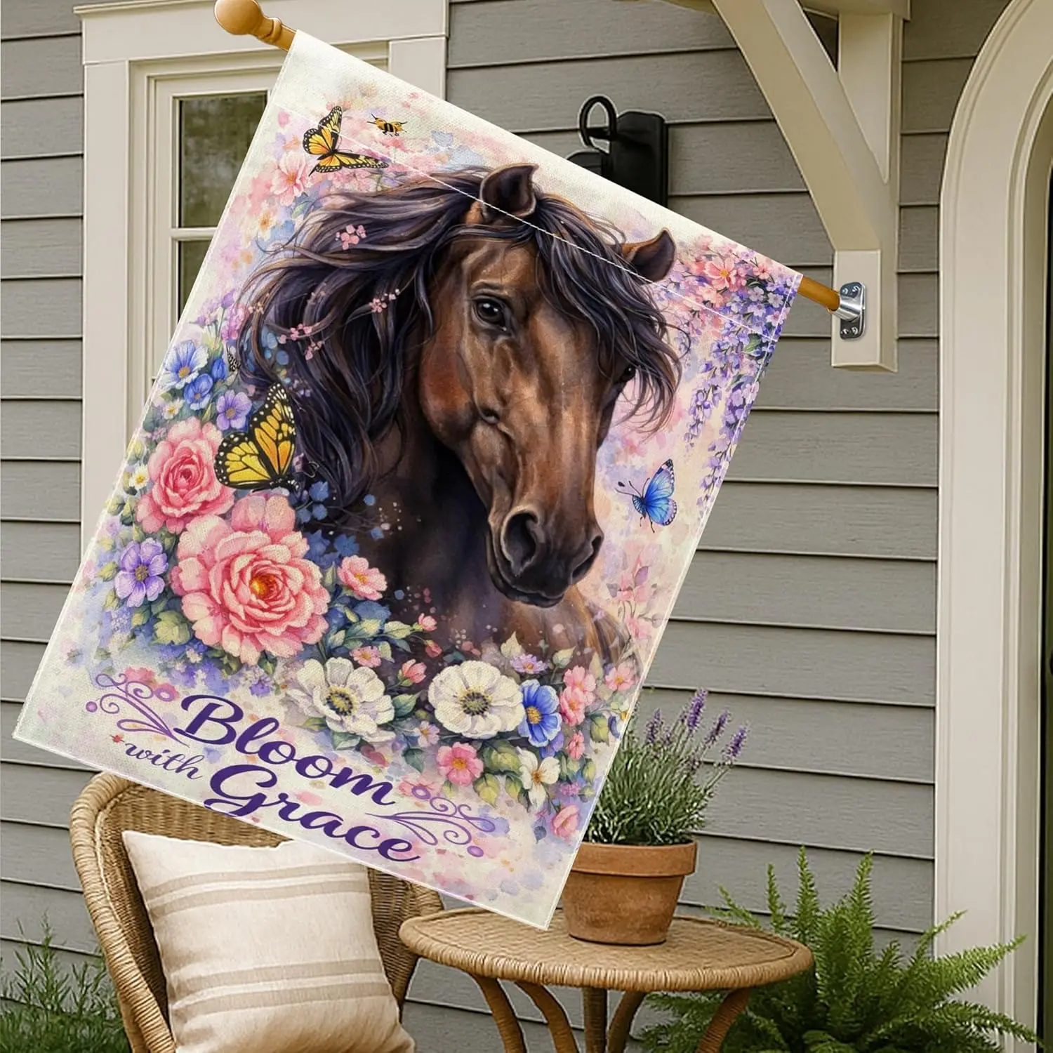 Horse House Flag, Floral Realistic Butterfly Rose Spring Brown Double Sided Burlap Outside Large Garden Flag for Outdoor Yar AAS