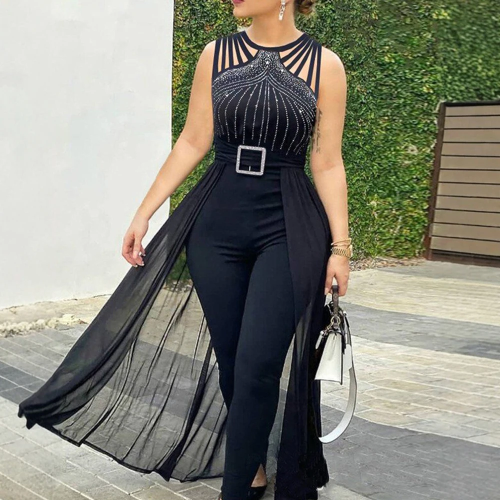 Женские комбинезоны с широкими штанинами, осень 2022, однотонные комбинезоны без рукавов с круглым вырезом до щиколотки и блестками