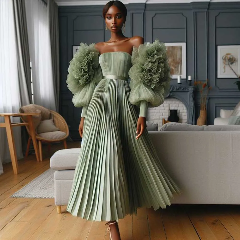 Evening Dresses Ruffled Floral Long Sleeves Aso Ebi Formal Occasion Gowns African Wedding Party Dress  Fairy Mint Green Pleated