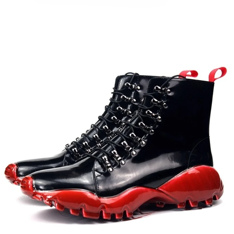 

Black and Red High Top Shoes for Men's Genuine Leather Horse Buckle Height Increasing Shoes Tooling Casual Shiny Leather Shoes