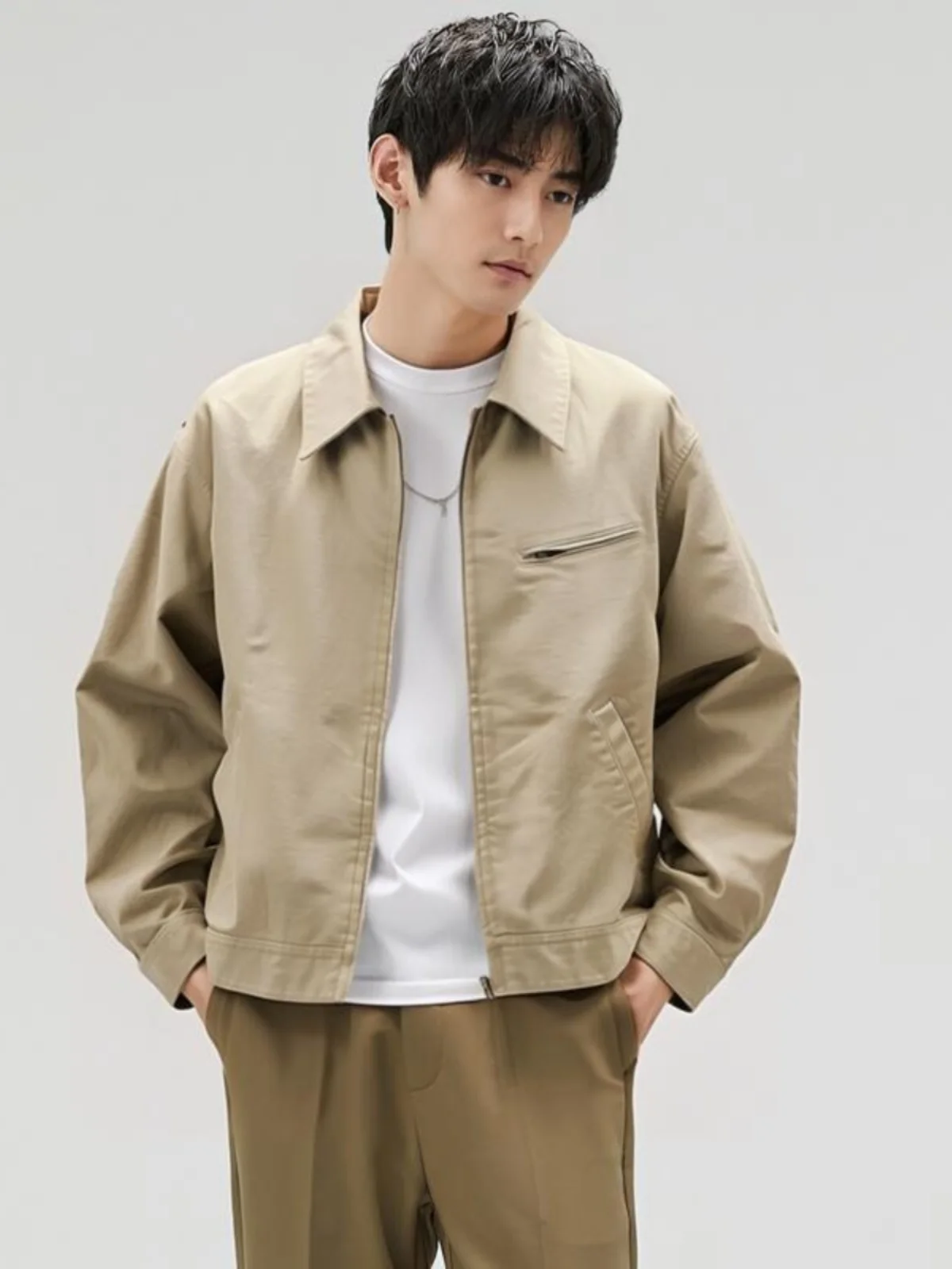 

Spring New Men's Casual Loose Fit Zipper Jaet Detroit Collar Outerwear Coat Youth ular Stand Sle Long Sve Polyes...