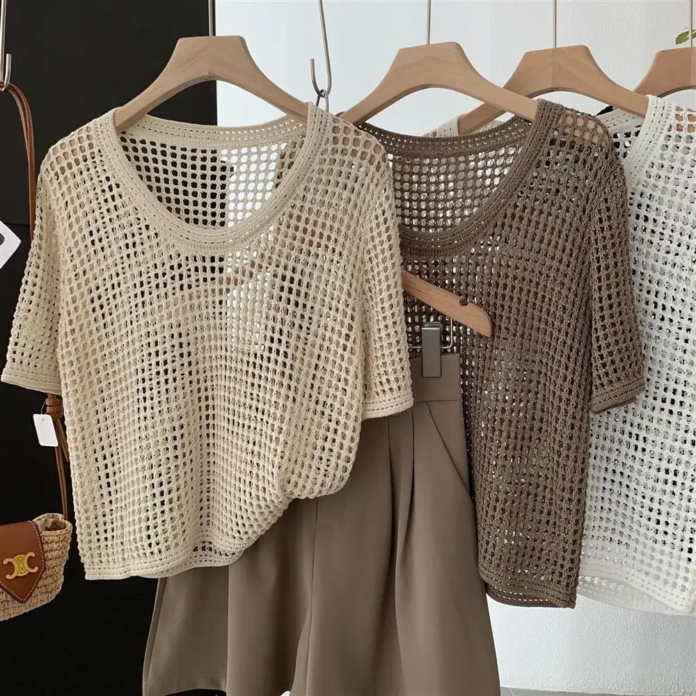 Summer Hollow out Thin ort Sve Women's Korean Design Loose Knitted round Ne Top Trendy Hollow irt Casual Sle