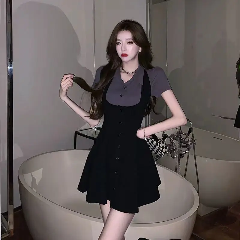 Vestido de Dos Piezas Estilo Hong Kong Pure Desire, Falda Corta Ajustada de Manga Corta para Chicas Delgadas, Moda de Verano