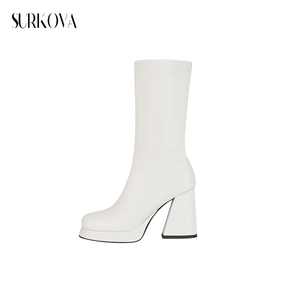 

Pure White Sewing Thread Leather Boots Round Toe Platform Block Heel Mid-Calf Boots Concise Comfortable Women Boots New Arrivals