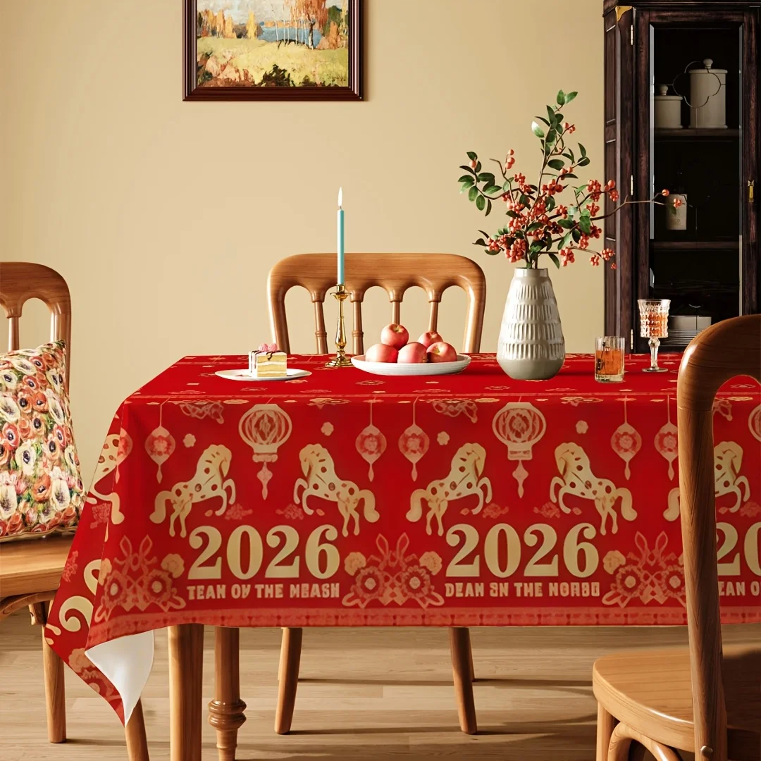 Chinesisches Neujahrspferd 2026 wasserdichte Tischdecke, Party-Dekoration, Frühlingsfest, Küche, Esszimmer, Tischdecke, Mondneujahrsdekoration