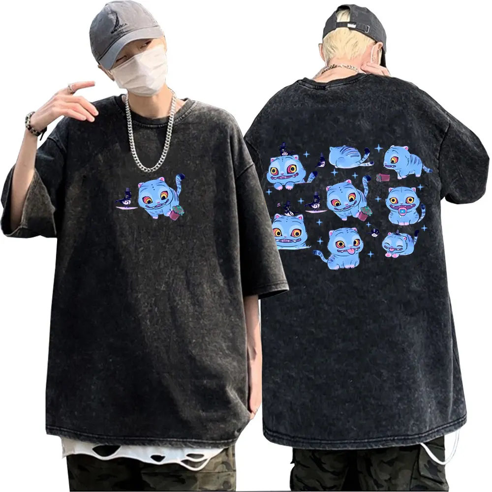 

Washed Vintage Kpop Demon Hunters Graphic T-shirts Cute Funny Derpy Tiger Print T-shirt Men Women Fashion Cartoon Trend T Shirt