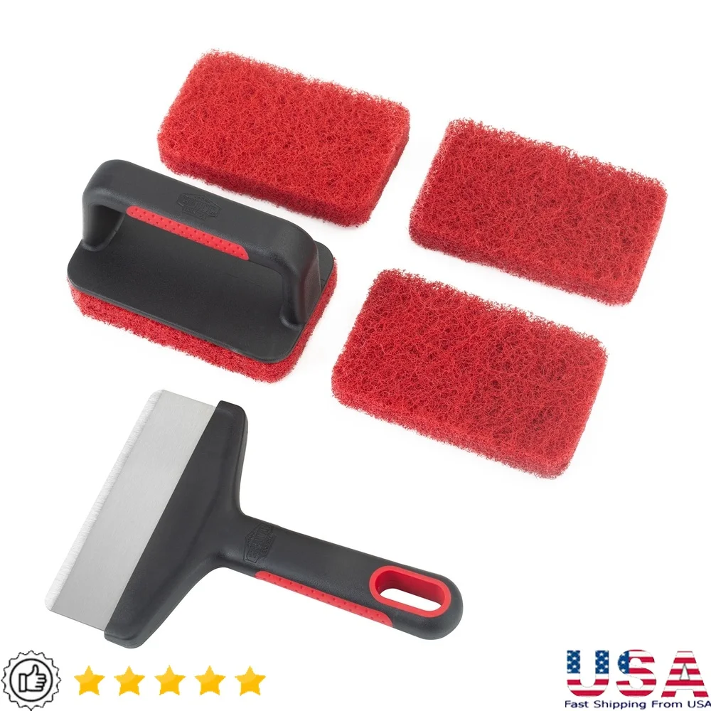 SS PP Griddle Cleaning Kit 5-Piece Heavy Duty Griddle Scraper Set Durable Souring Pads BBQ Cleanup Tools Non-slip Handle