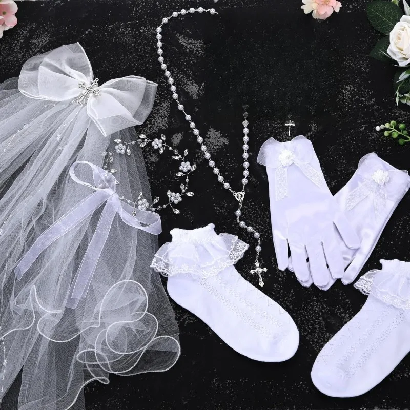 First Communion Veil for Girls Catholic 1st Holy Communion White Bow Headpiece Accessories Set Dress Up Party Supplies 2