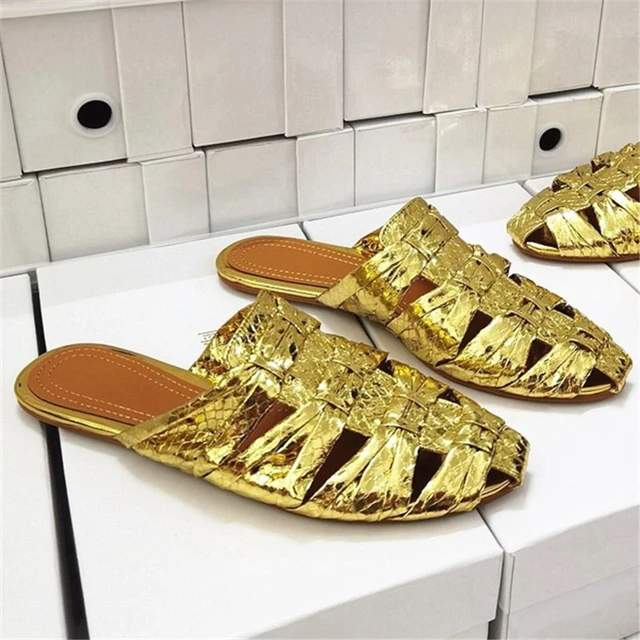 2022 New Gold Women Slippers Summer Outside Slides Ladies Hollow Out Mules Casual Beach Flat Shoes Woman Cozy Flats Sandals Women s Slippers AliExpress