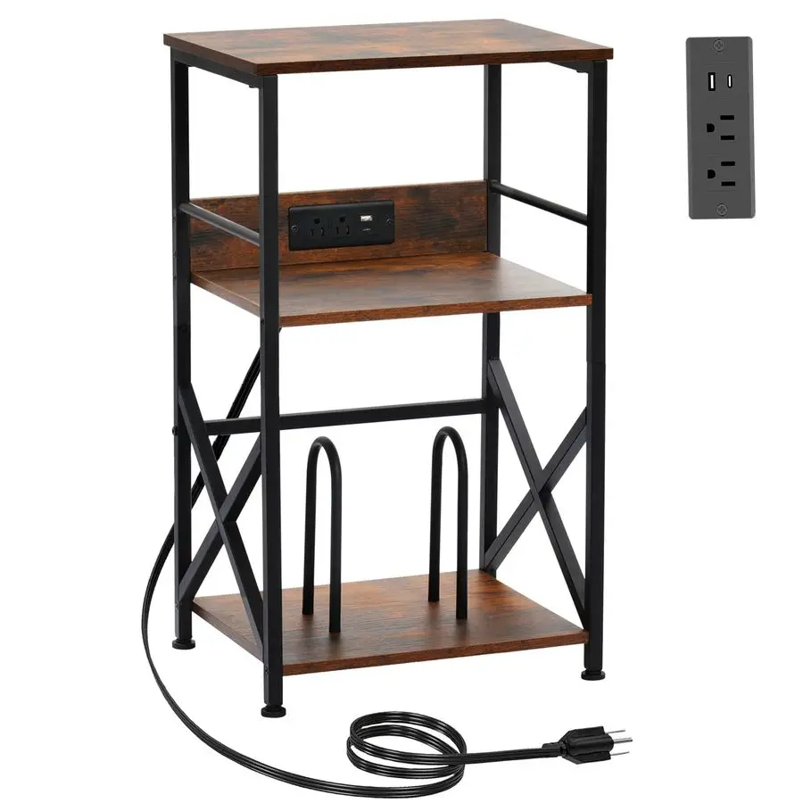 

Подставка для проигрывателя с зарядной станцией, 3-уровневый приставной столик для хранения 100 виниловых пластинок, прикроватный столик для гостиной, спальни, цвет: рустик-коричневый HKE