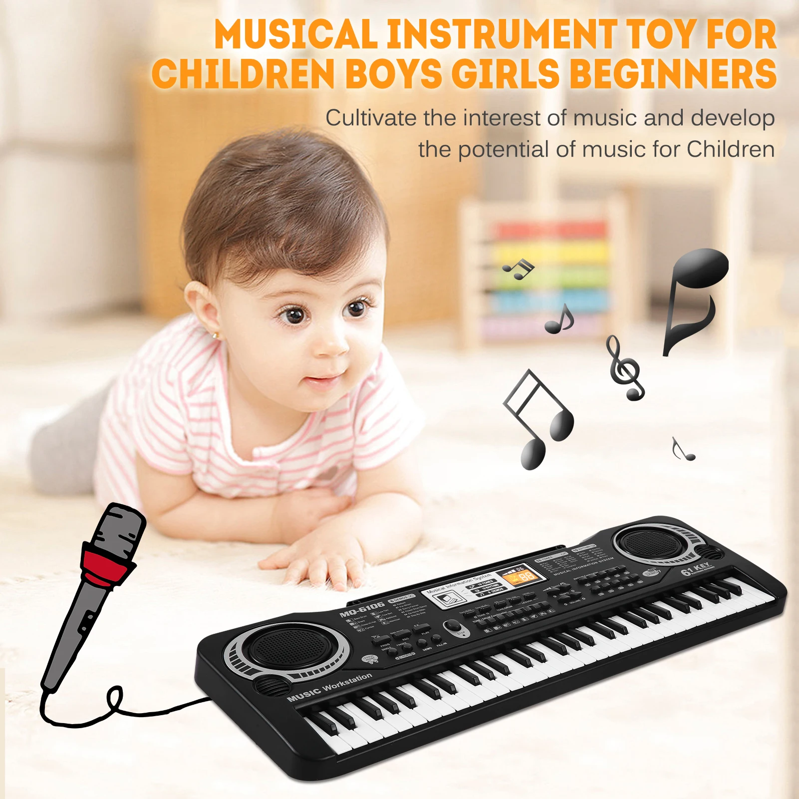 61 Keys USB Electronic Organ Kids Electric Piano with Microphone Digital Music Keyboard w/ Speakers Kids Gift Musical Instrument