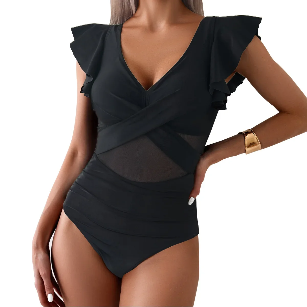 Bañador unicolor de una pieza para mujer, Monokinis con volantes y cuello en V profundo, novedad de verano 20224, traje de baño de retazos de malla para playa, traje de baño para mujer