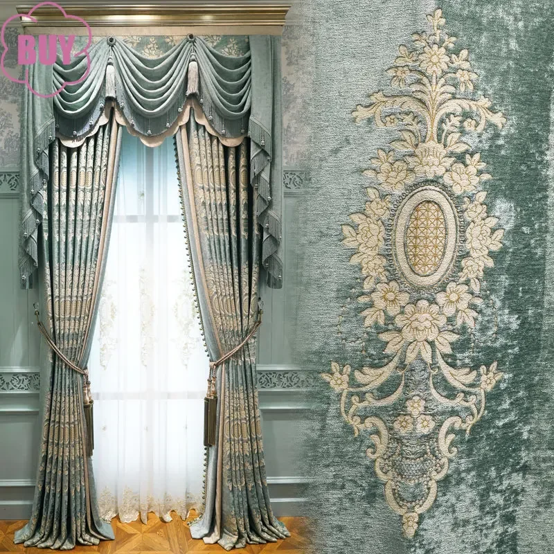 

European-style Curtains for Living Dining Room Atmosphere Light Luxury Chenille Jacquard Thickened Curtain Embroidered Tulle