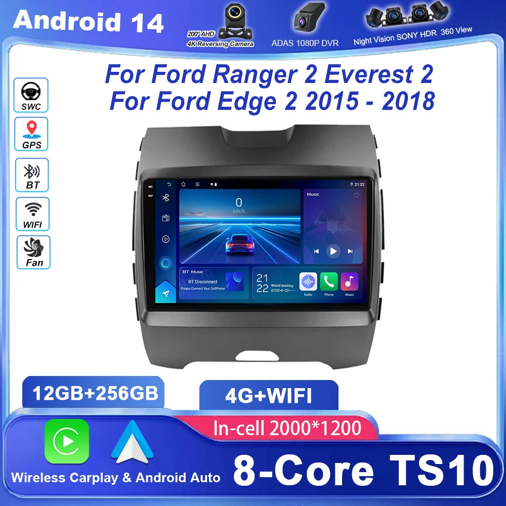 

Радио стерео Android 14 для Ford Ranger 2 Everest 2 для Ford Edge 2 2015-2018 Автоматический мультимедийный видеоплеер GPS-навигация WIFI