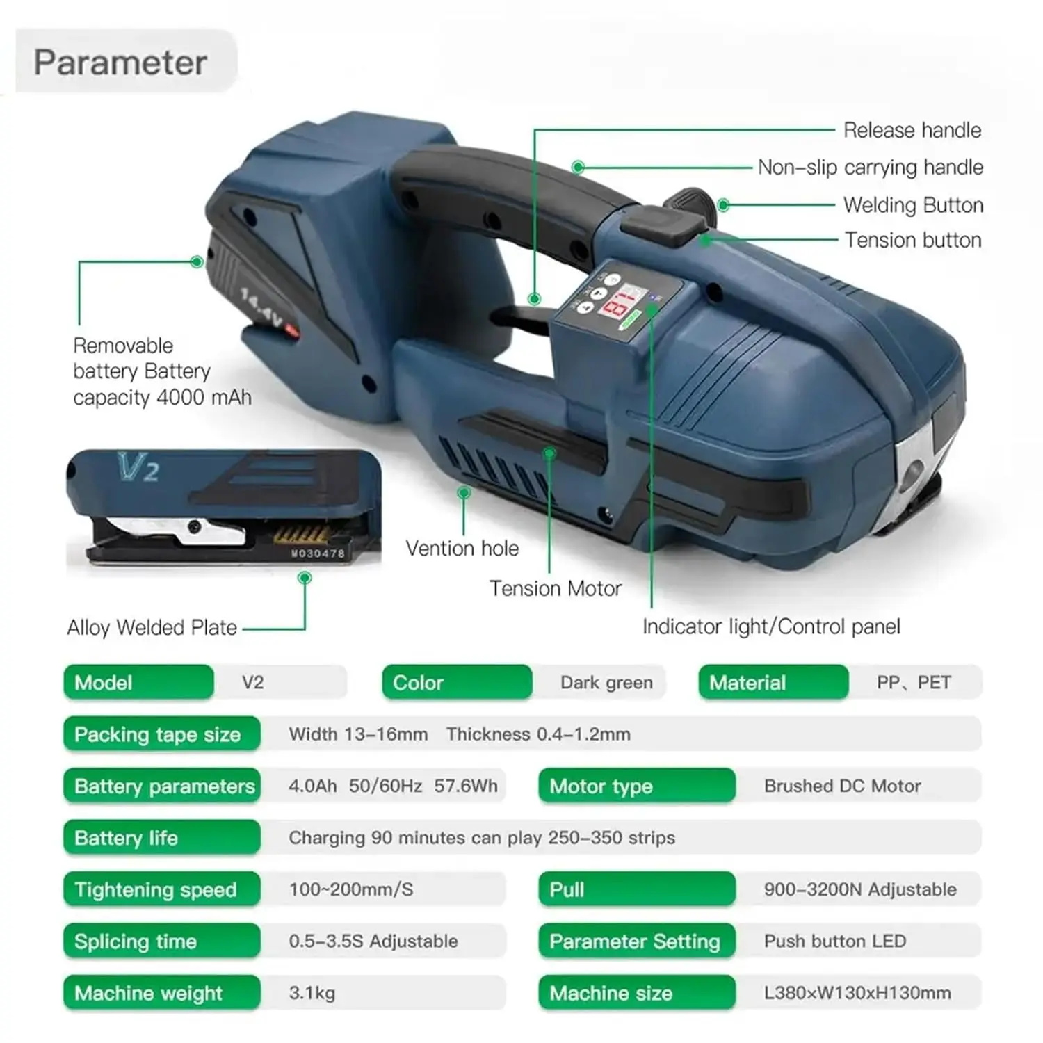 Upgraded Portable V2 Electric Strapping Machine 3200N Battery Powered Automatic Banding PackageTool for 13-16mm PET PP Belt