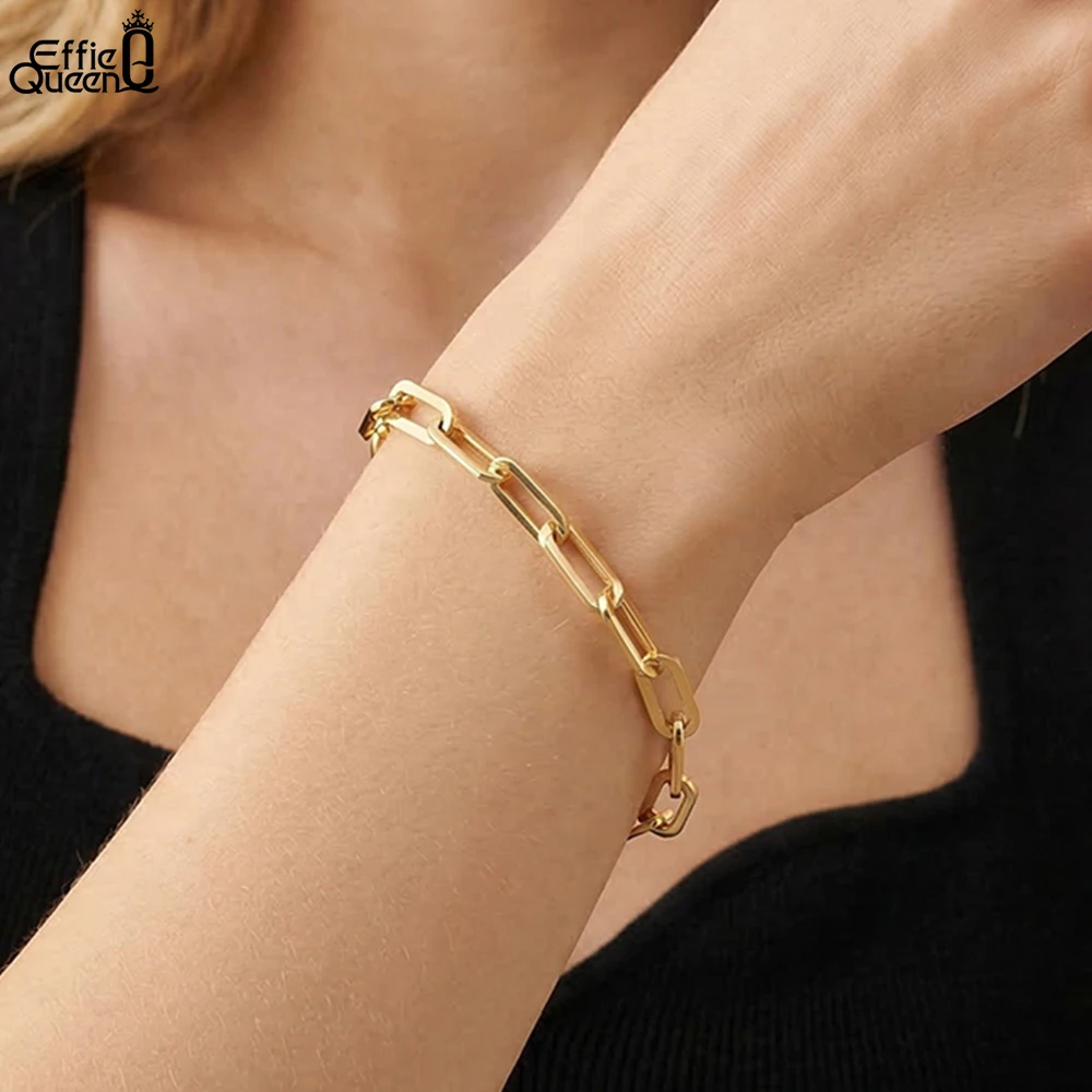 

EFFIE QUEEN Dainty 925 Sterling Silver Paper Clip Bracelet Chain Wedding Gift Paper Clip Bracelet 18K Gold Plated Jewelry SB109