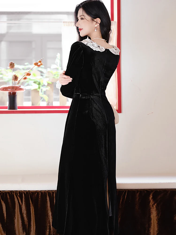 Czarna aksamitna sukienka patchworkowa z koronką, dekolt w serek, elegancka sukienka bodycon na jesień i zimę, sukienka festiwalowa 2025, koreańska sukienka vintage na imprezę.
