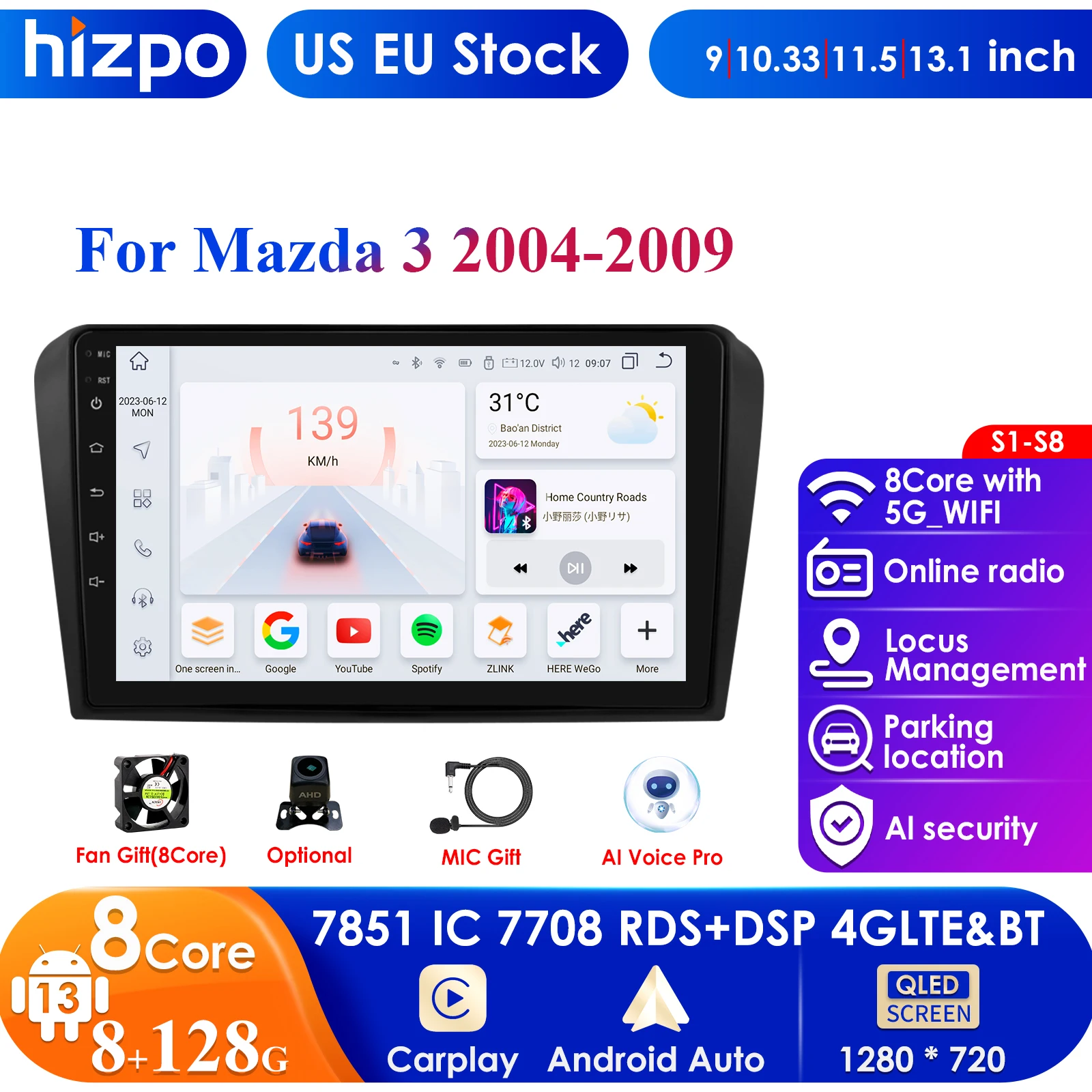 Hizpo 4G 9'' 10.33'' AI Intelligent Systems CarPlay Android Auto Radio for Mazda 3 2004 -2009 Car Multimedia GPS 2din Autoradio