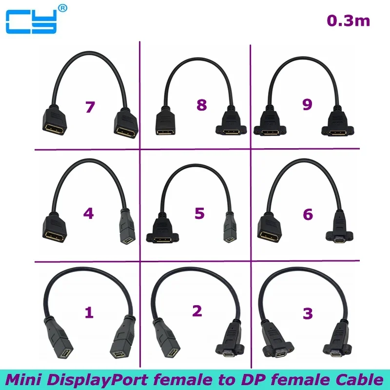 0.3m 4K HD Mini DisplayPort Female to DP female Cable with Panel Mounting Screw Holes For Computer Monitors, Digital Cameras