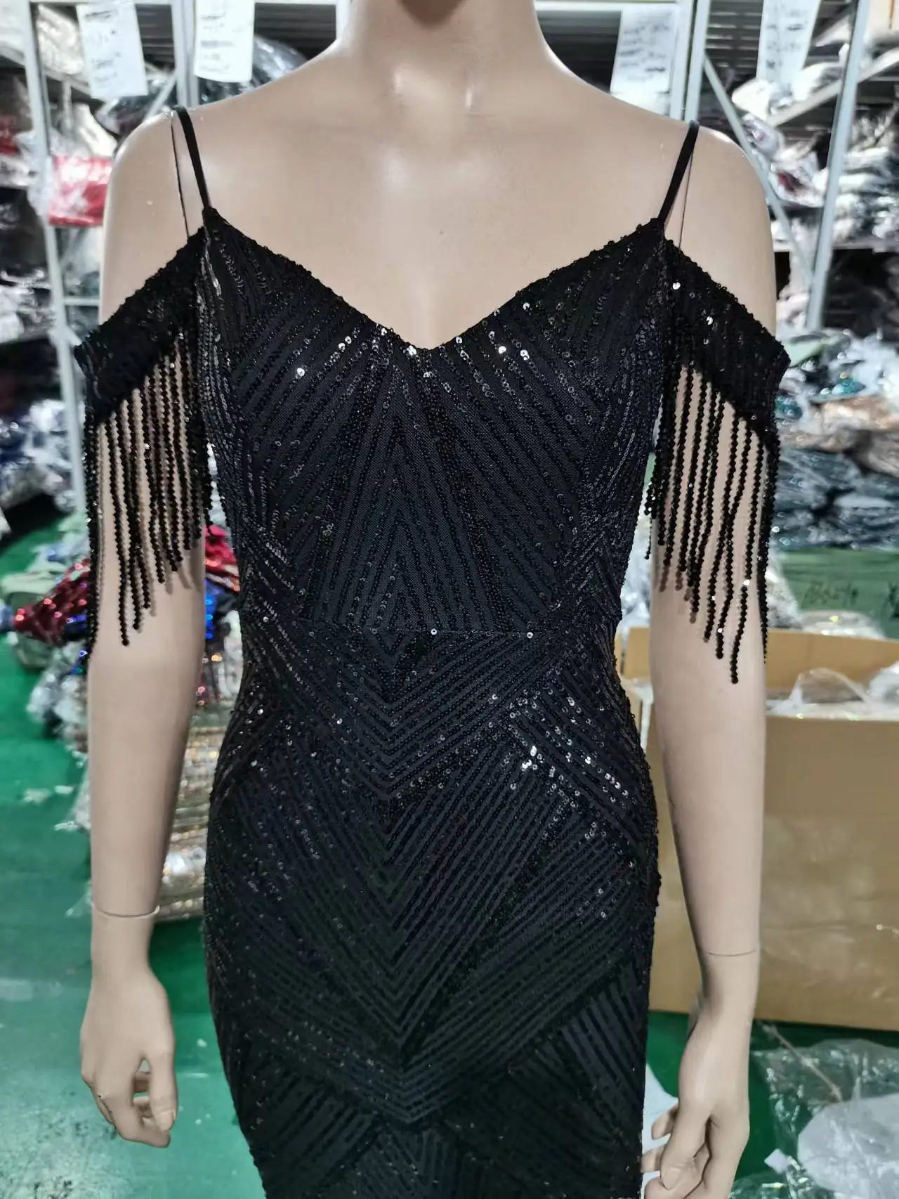 Vestido De fiesta Retro negro con lentejuelas y cuentas, vestido De cóctel De talla grande, De una pieza, para fiesta De cumpleaños