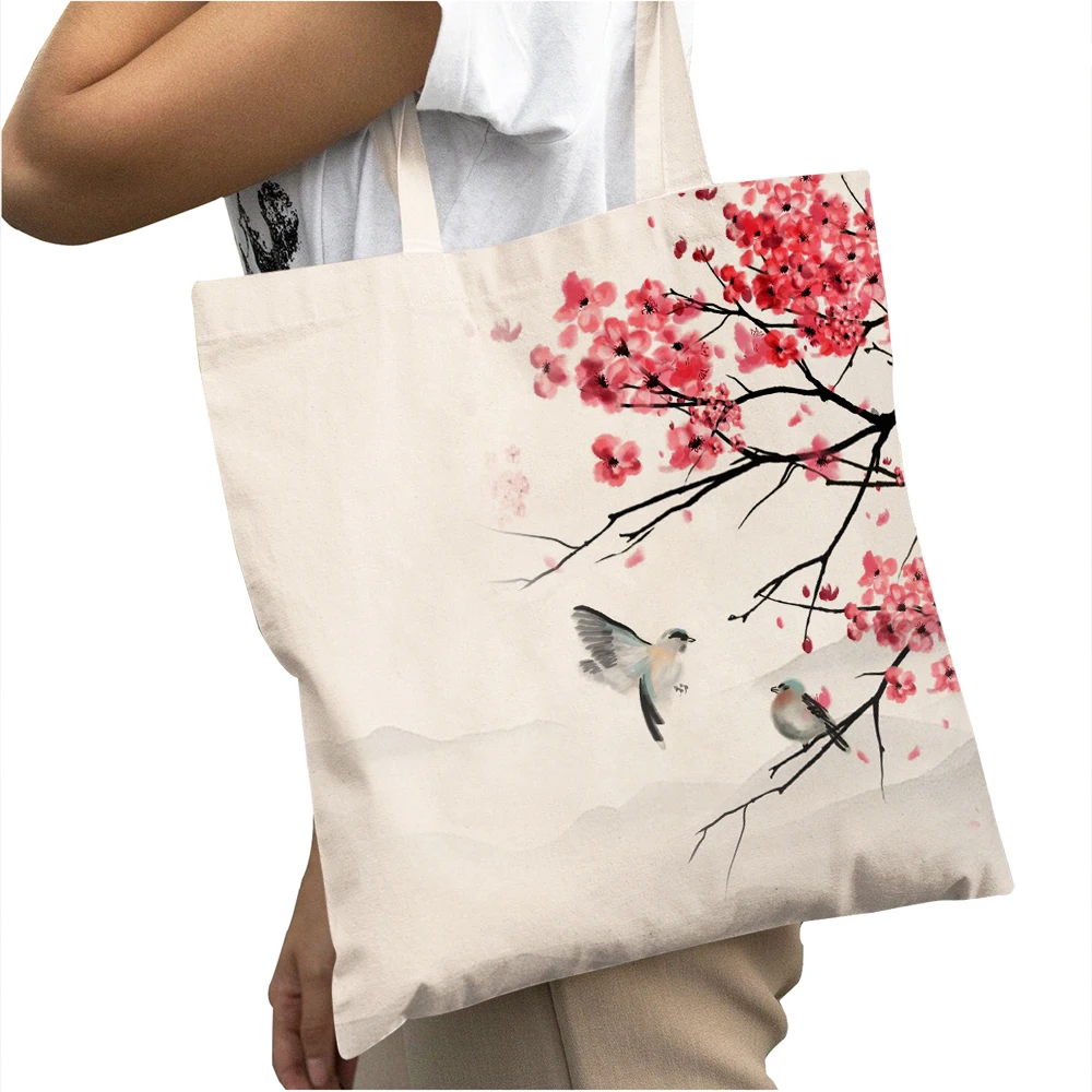 

Pink Peach Blossom Big Capacity Shopper Bag Watercolor Cartoon Plant Tree Bird Double Print Casual Canvas Women Shopping Bags