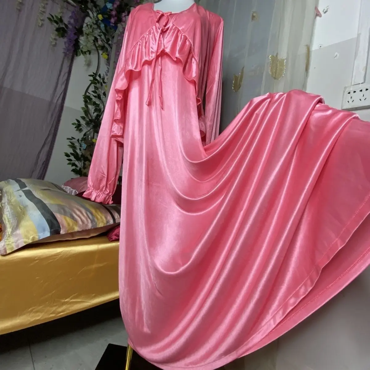 Glossy Ice Silk Sexy Women Ruffles Satin Long Sleeve Loose Maxi Dress Sleeping Robe