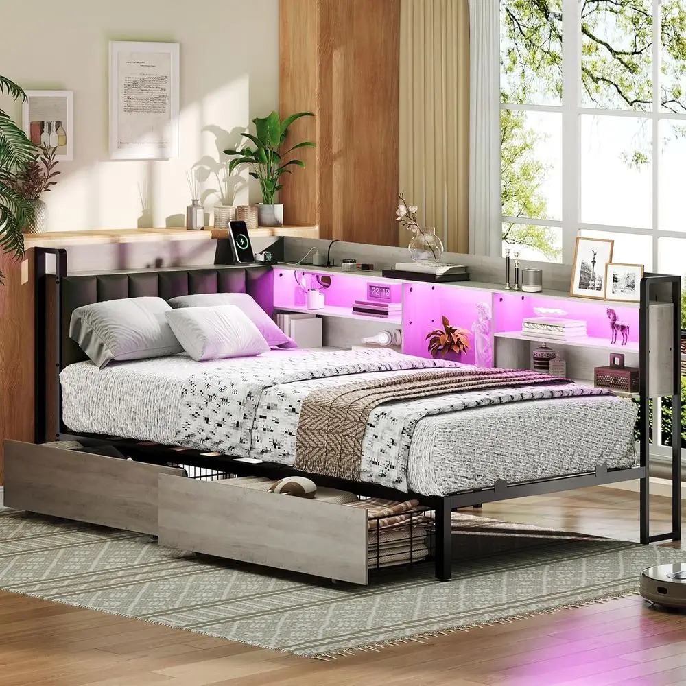 Twin Daybed with Bookcase Storage, 2 Drawers, and Charging Station, Gray and Black Metal Platform Bed for Living Room, Bedroom,