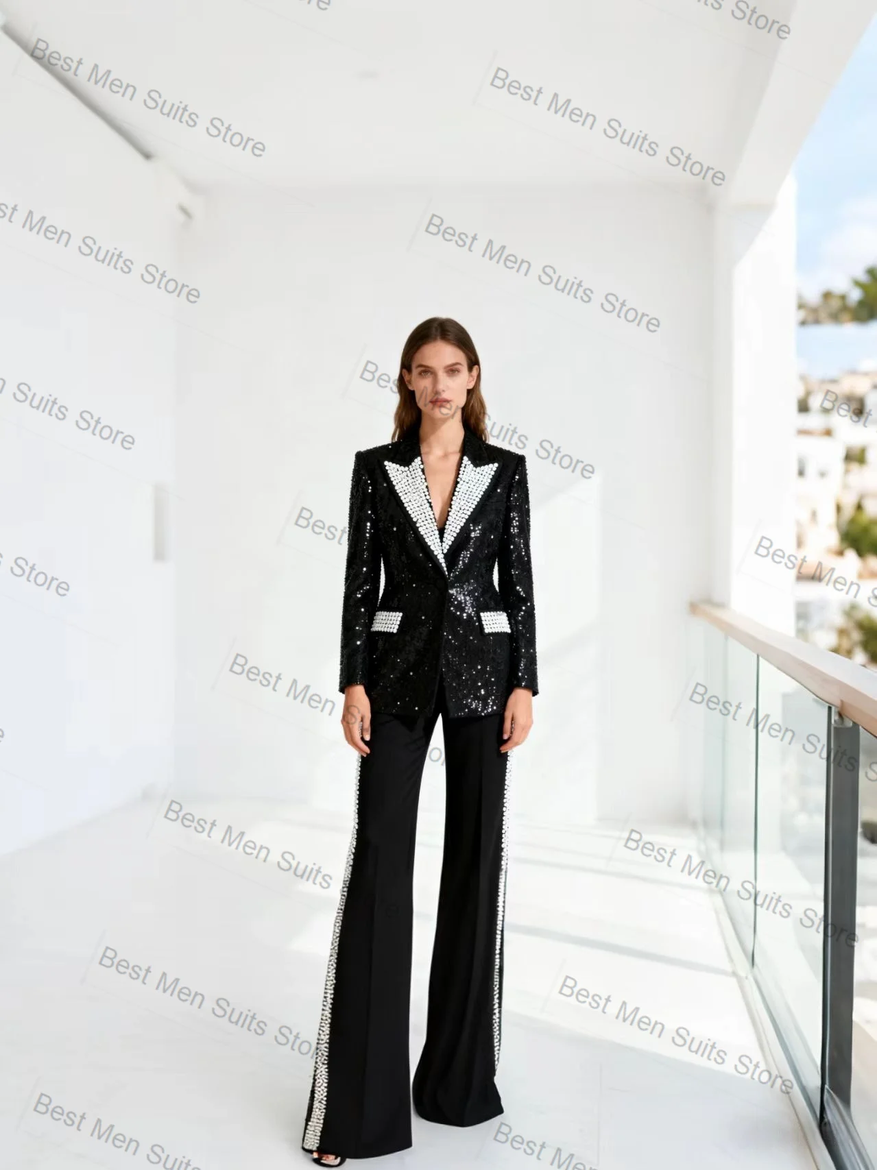 

Pearls Black Women Suit Set 2 Pcs Sequins Blazer+Pants Trousers Autumn Formal Office Jacket Customized Wedding Guest Prom Coat