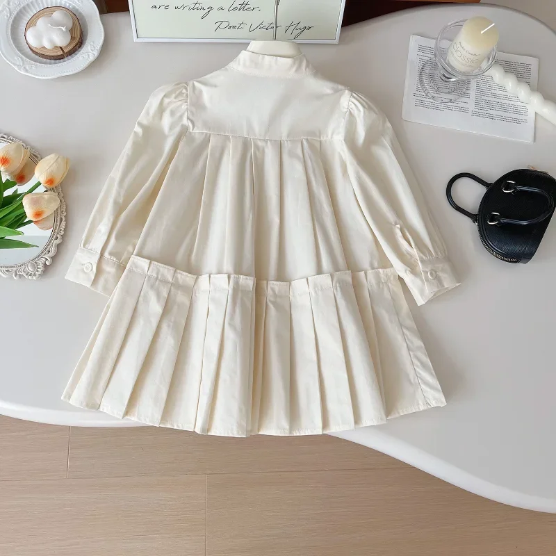 Girls' Long-sleeved Dress 2024 Autumn New Girls' Long-sleeved Solid Color Shirt Pleated Princess Dress 2-8y