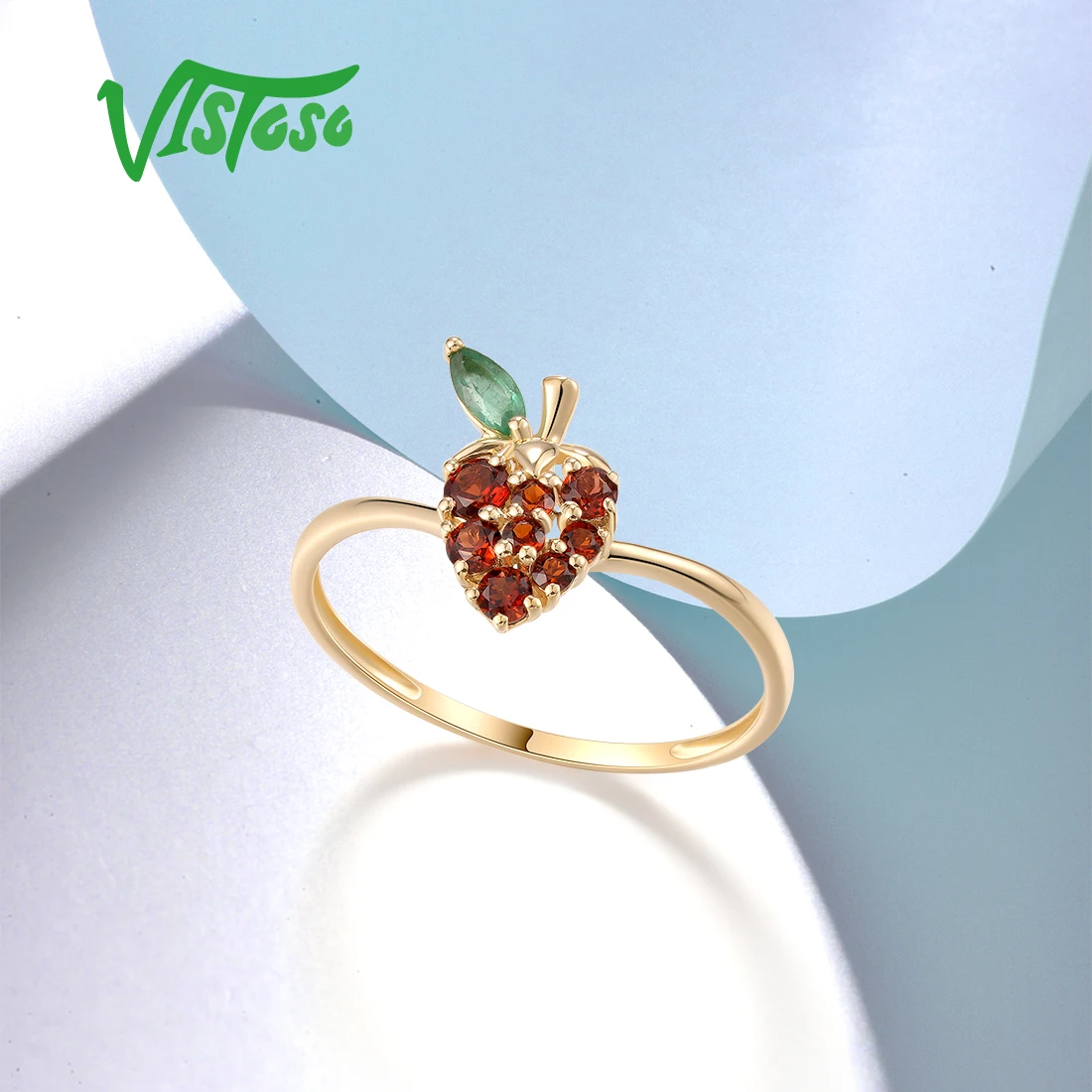 VISTOSO Real 14K 585 Yellow Gold Ring For Women Sparkling Diamonds Garnet Cute Strawberry Simple Daily Wearing Fine Jewelry