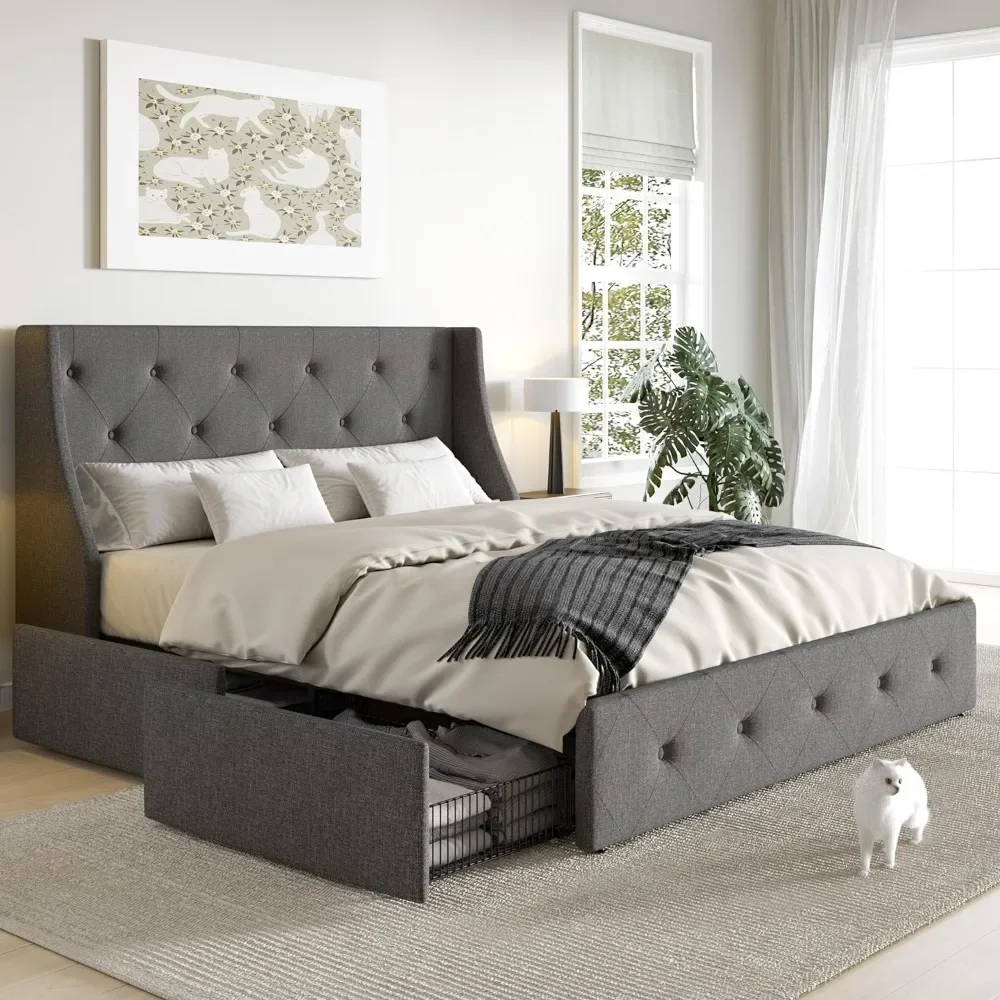 

Upholstered Queen Size Platform Bed Frame with 4 Storage Drawers and Wingback Headboard, Diamond Stitched Button Bed Frames