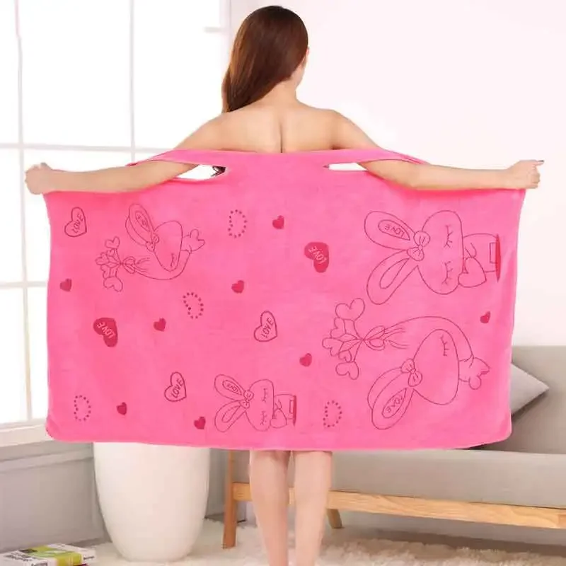 Wearable Bath Towel for Women Adults Large Microfiber Beach Towel Love Rabbit Pattern Quick-drying Bathrobe Dress, Pajamas