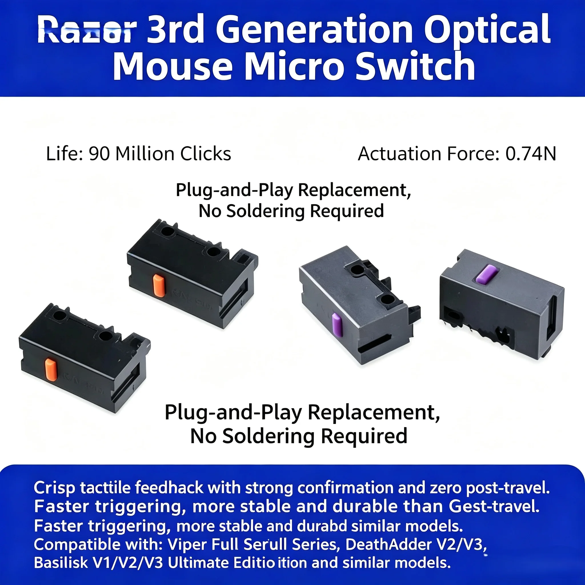 Optical Mouse Switch Gen-3 90M Clicks for Razer Viper Mini/Ultimate/V2 Pro, DeathAdder V2/V3, Basilisk V3 Pro Replacement