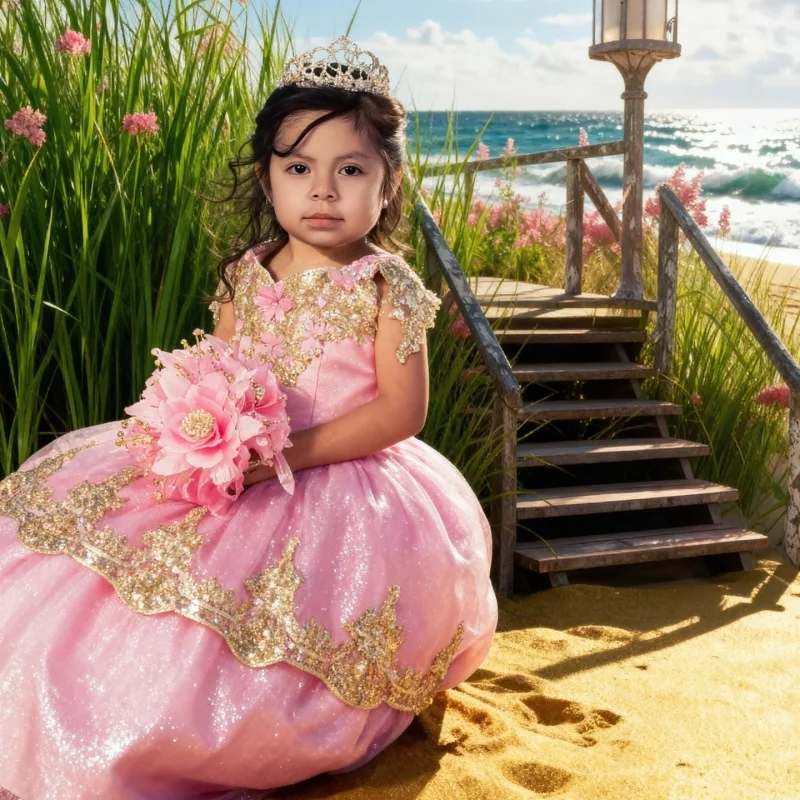 

Shiny Pink Quinceanera Dress off-shoulder 3D flower glitter Decal Quinceanera ﻿Customize