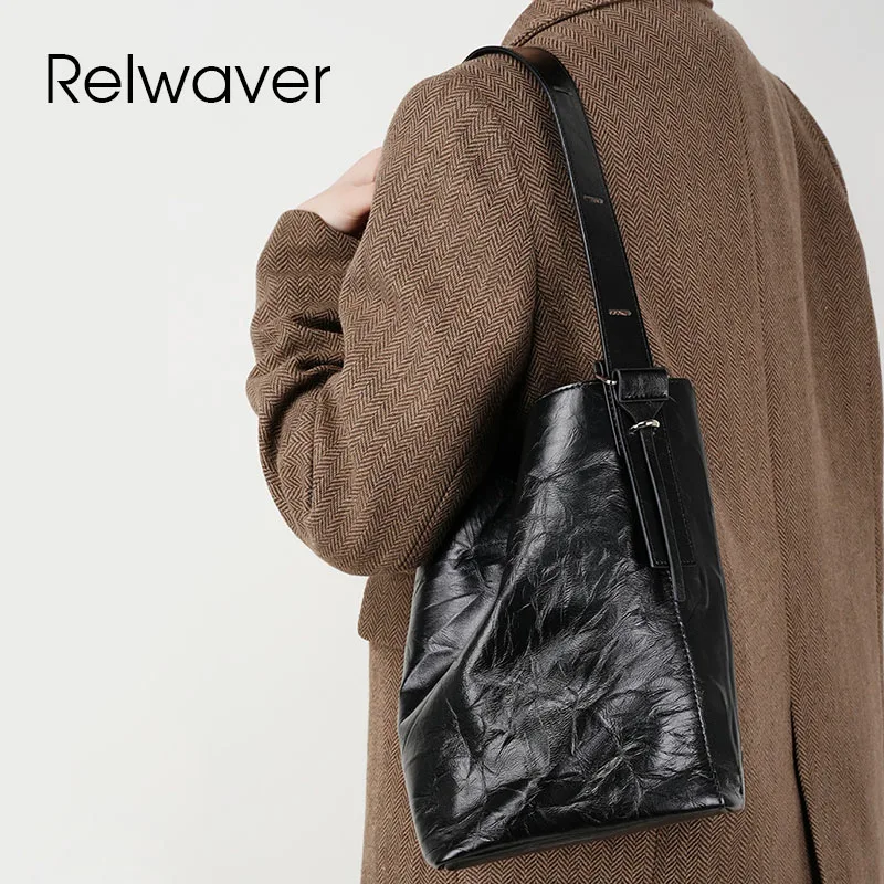 

Relwaver cow leather bucket bag genuine leather shoulder bags for women 2023 winter new chic bucket bag soft folding women bag