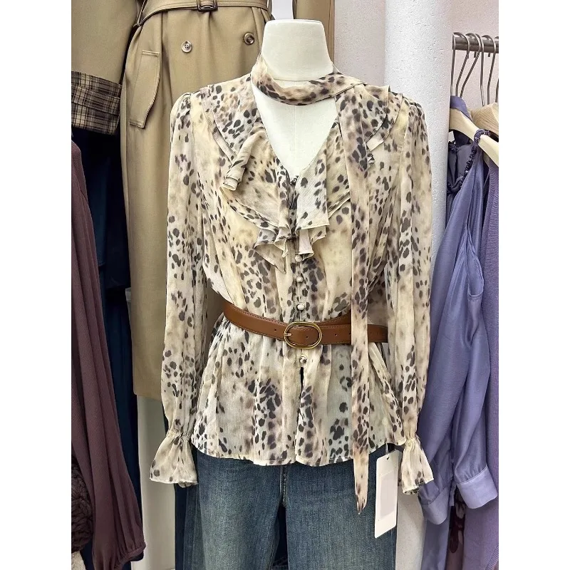 

Autumn and Winter Women's Elegant Ruffled V-neck Pullover Leopard Print Chiffon Long-sleeved Top