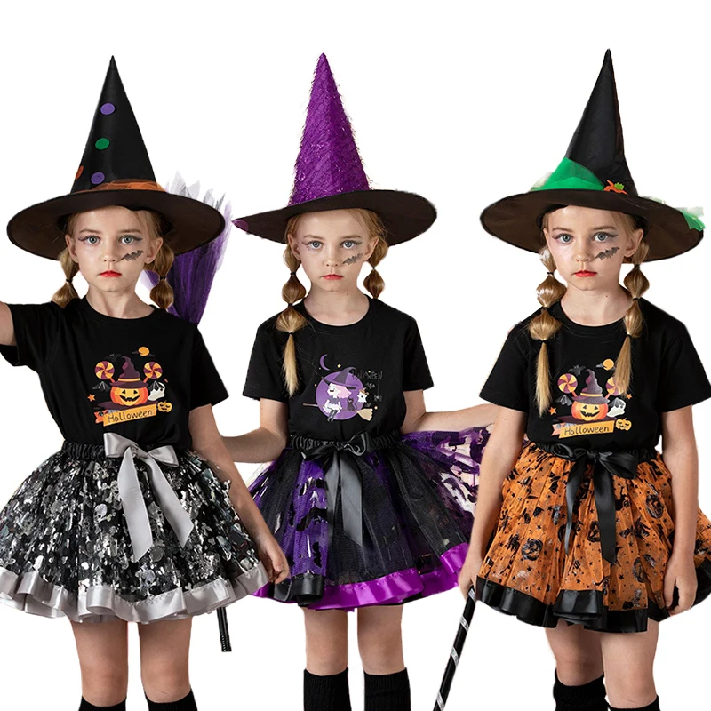 

2023 Girls Halloween Print Tutu Dress + Hat + Broom Clothing Set Kids Cosplay Masquerade Party Skirt Witch Vampire Ghost Costume