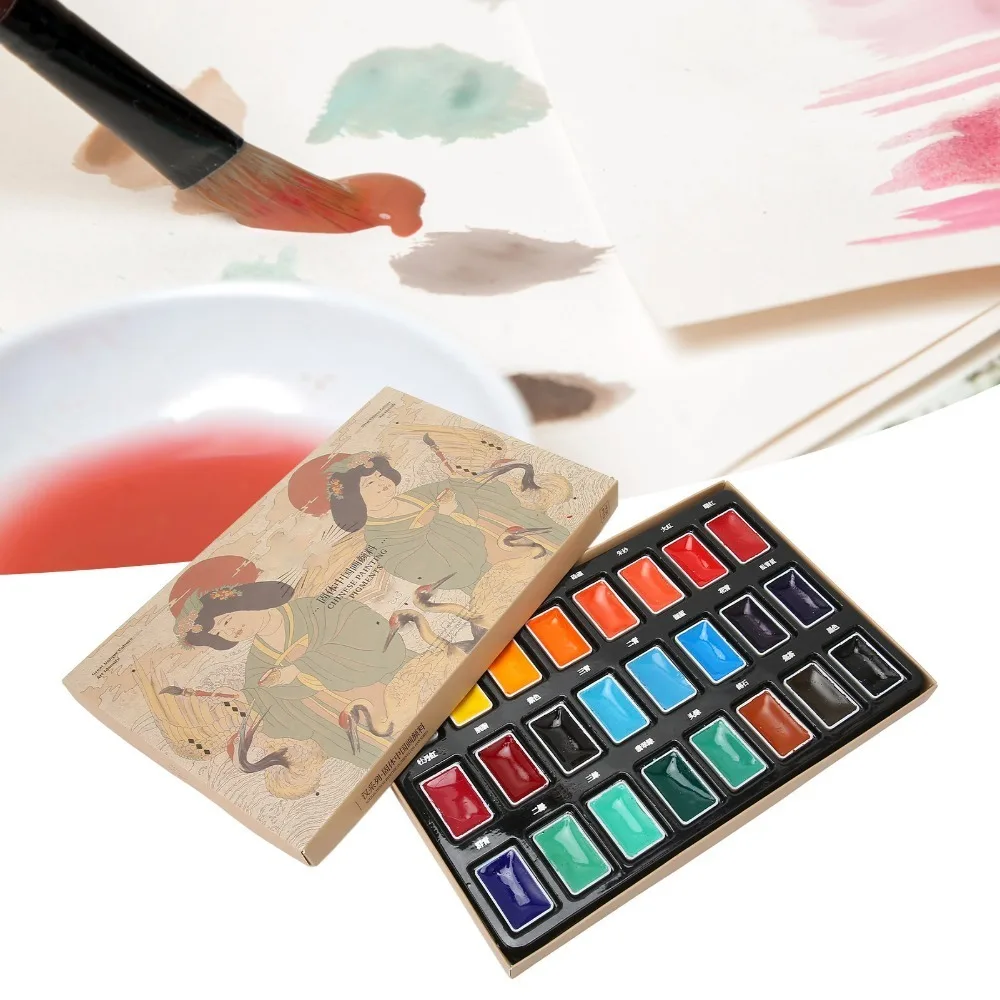 

24PCS 24 rich classic hues Solid Chinese Painting Pigments solid compact form Traditional Watercolor Paint Set