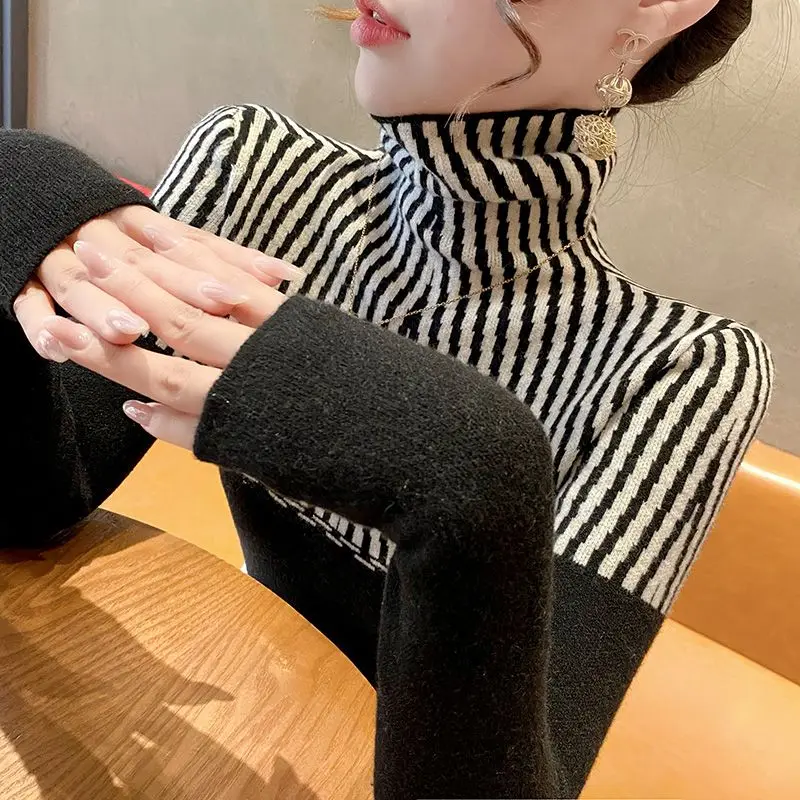 Women\'s Autumn Winter Korean Commute High Collar Spliced Striped Contrast Color Loose All-match Long Sleeve Sweater Knitted Tops