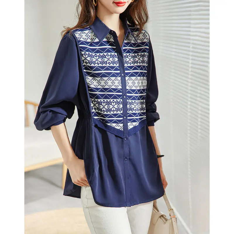 Spring Autumn New Knitting Jacquard Weave Patchwork Shirt Korean Style Women High Street Fashion Casual Button All-match Blouse