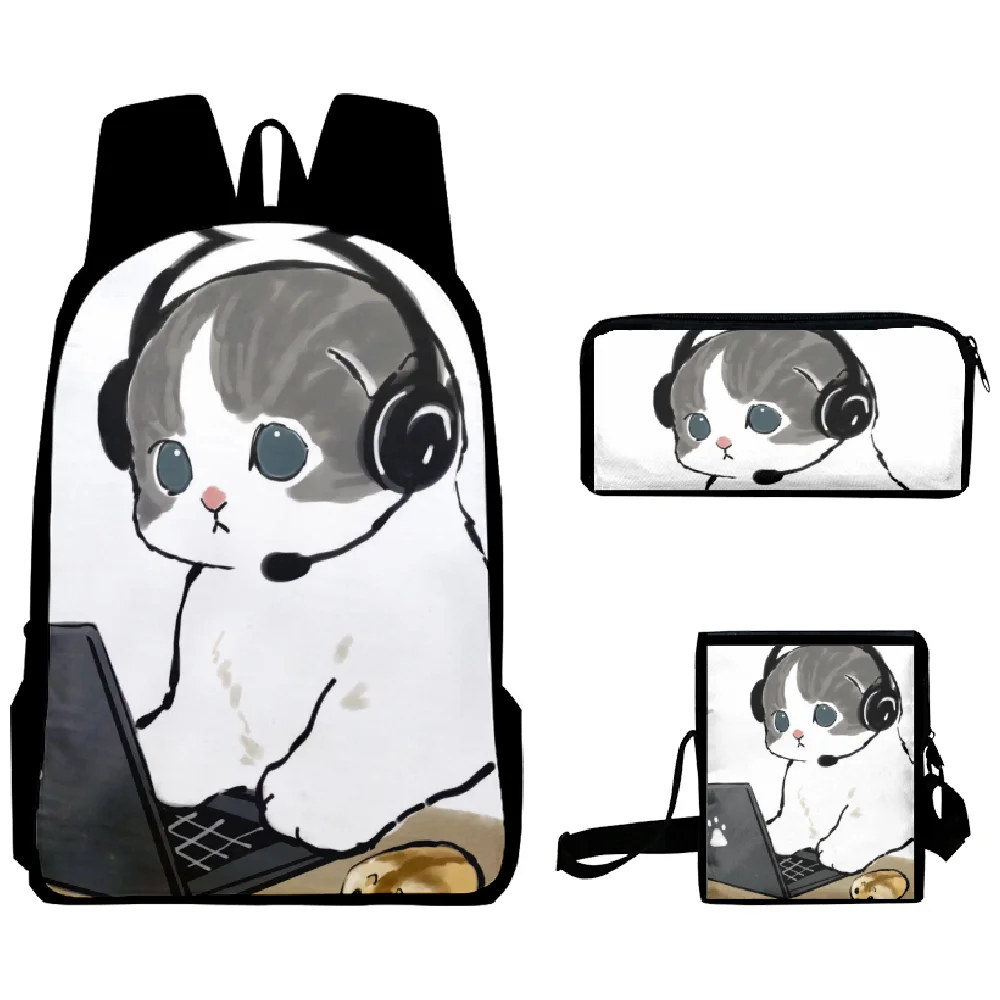 Mochila Harajuku con estampado 3D de gato de trabajo, bolso de hombro para ordenador portátil, estuche para lápices, novedad, Juego de 3 unidades