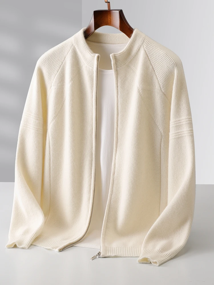 

Autumn Winter Men's Wool Zippers Mock Neck Raglan Cardigan Cashmere Sweater 100% Merino Wool Knitwear High Quality Soft Clothing