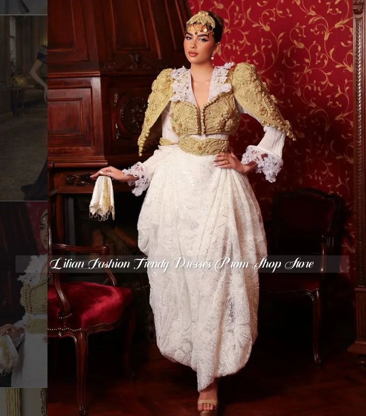 Algerisches Ethnisches Hochzeitskleid Maßgeschneidertes Spitzenbesetztes Brautkleid Formelles Arabisches Ballkleid Hochzeitsfeier-Kleid