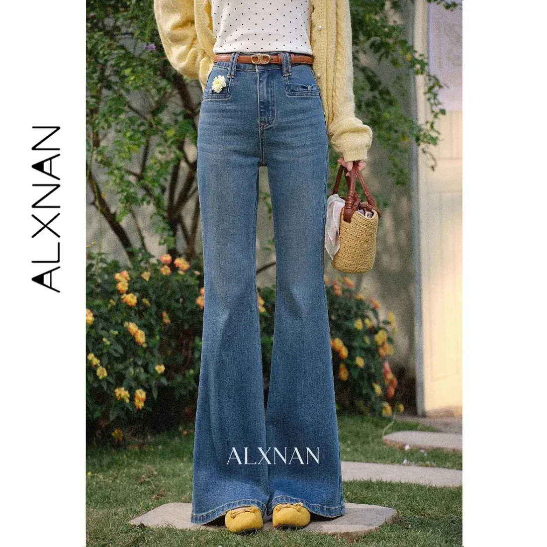 ALXNAN Women's Jeans Vintage Bootcut Elegant High Waist Wash Blue Denim Pants 2026 Fall Fashion Casual Trousers Female L57028-2