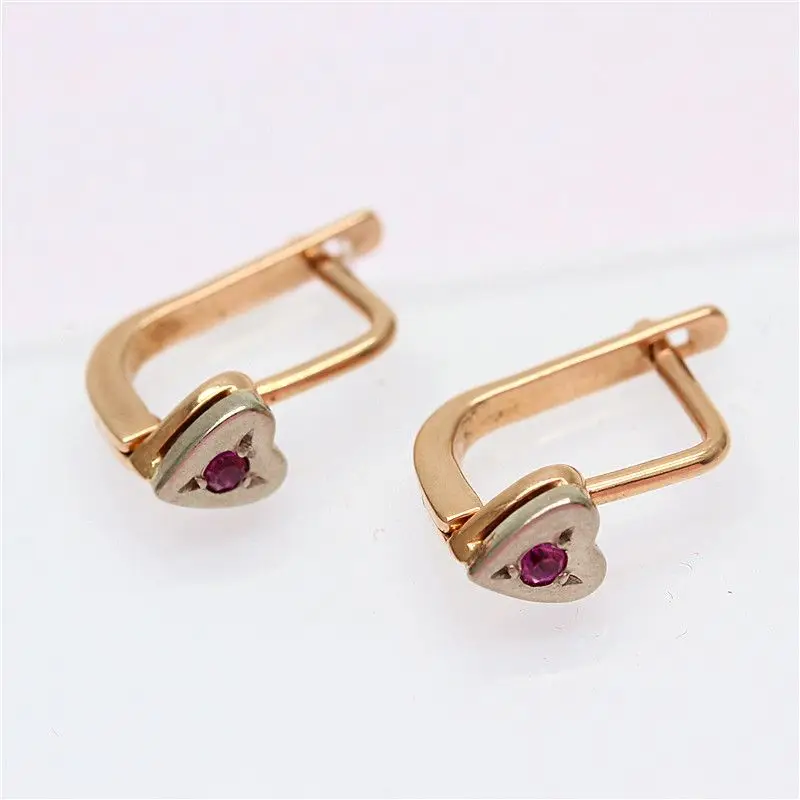 585 Purple Gold Earrings Pink Zircon Heart-shaped Earrings for Women Plated 14K Rose Gold Small Earings Simple Jewelry