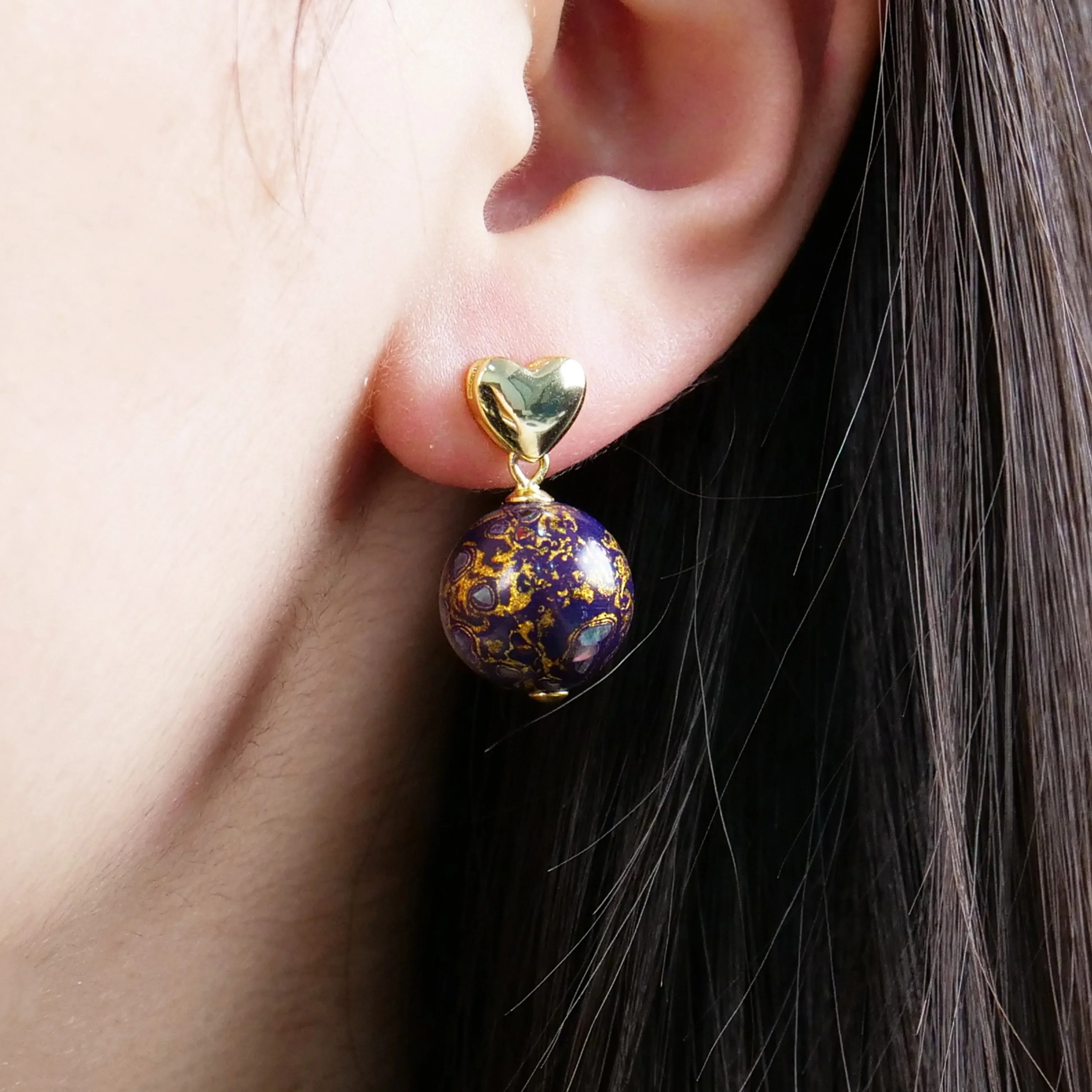 

Heart-shaped purple lacquer bead earrings, copper electric gold plated, high-grade temperament