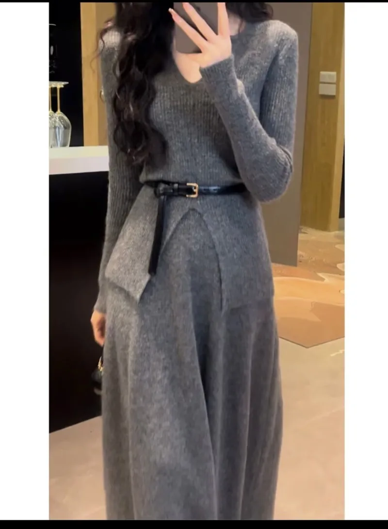 

MiiiiX French Elegant Dress Sets V-neck Knitted Sweater Pullover Midi A-line Skirt with Belt 2024 Autumn New Women Two Piece Set