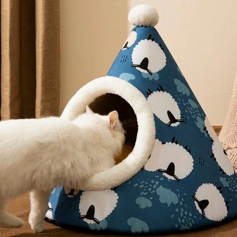 Cat Cave Beds For Indoor Cats Triangle Plush Pet Cave Cute Dog Tent Thickened Cat Nesting Beds Furniture Self-Warming Puppy