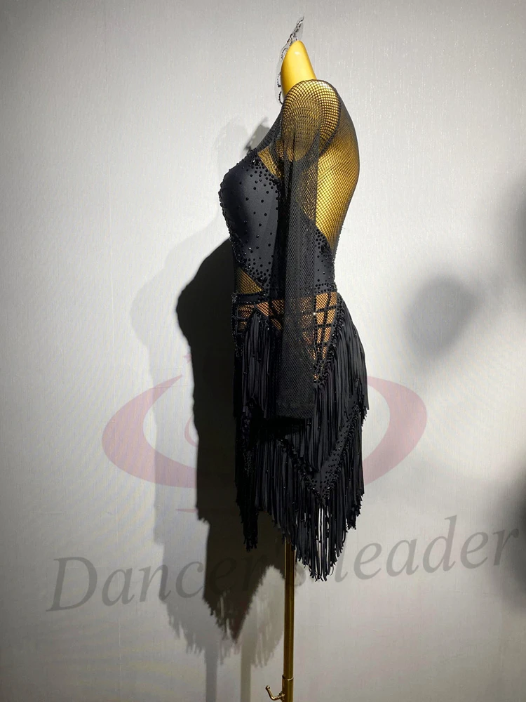 라틴 댄스 AB 스톤 여성 성인 어린이 고급 맞춤형 블랙 메쉬 스플라이싱 블랙 풀 삼바 공연 드레스